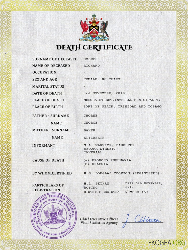 Modèle PSD de certificat de décès de l'état civil de Trinité et Tobago